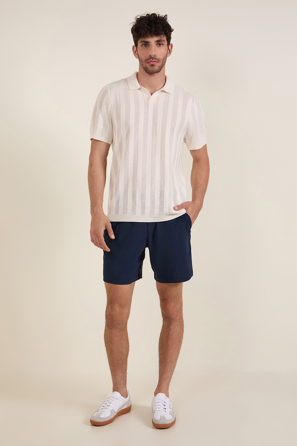 Cotton Blend Ribbed Short-Sleeve Polo Shirt